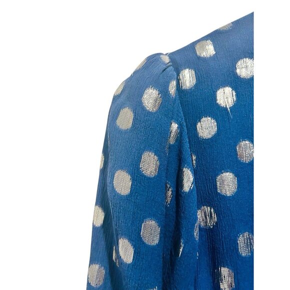 SALONI Navy Tilly Dress Womens Sz 6 Metallic Polka Dots Silk Ruffle Drop Waist - Picture 7 of 16